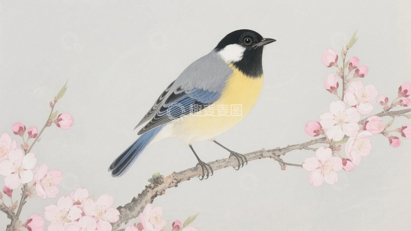 高清大图下载【趣麦麦图】枝头春意小鸟栖工笔画-2