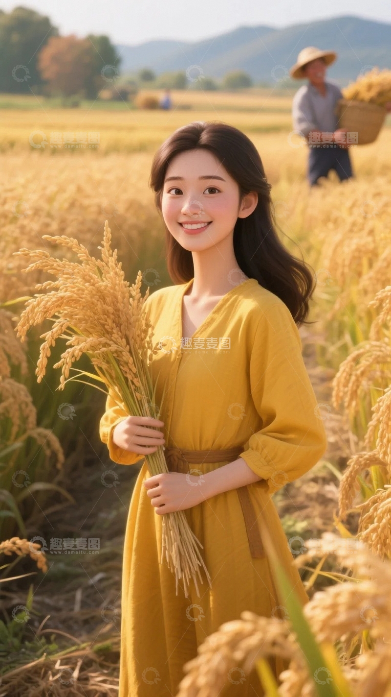 高清大图下载【趣麦麦图】收稻谷的小姑娘-3