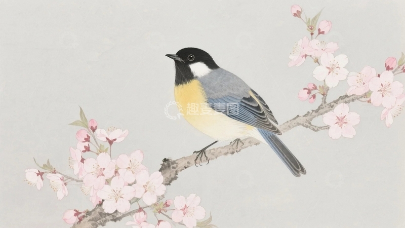 高清大图下载【趣麦麦图】枝头春意小鸟栖工笔画-3