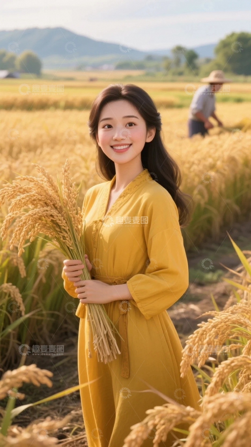 高清大图下载【趣麦麦图】收稻谷的小姑娘-1