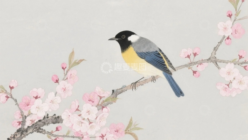 高清大图下载【趣麦麦图】枝头春意小鸟栖工笔画-1