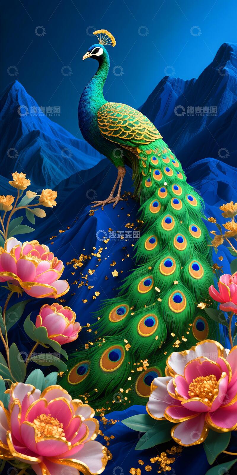 高清大图下载【趣麦麦图】花开富贵孔雀玄关挂图