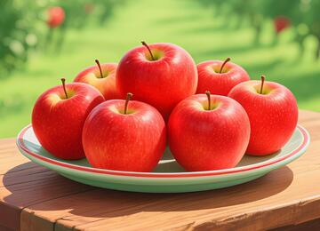 桌子上放着一盘红富士苹果