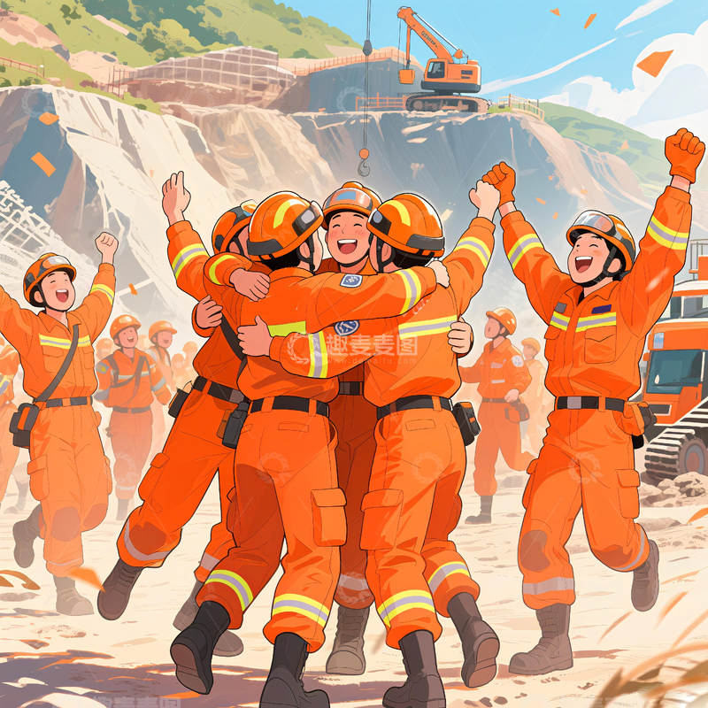 高清大图下载【趣麦麦图】矿山救护队欢呼漫画