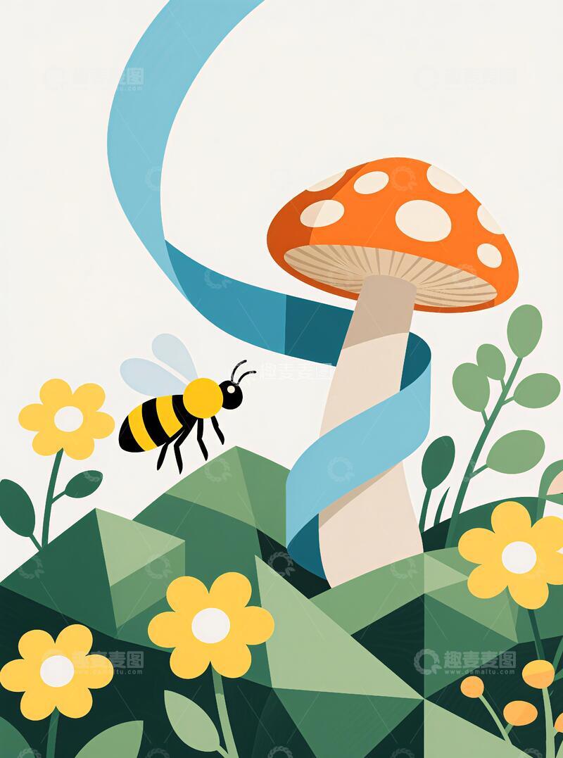 高清大图下载【趣麦麦图】蘑菇蜜蜂抽象客厅挂画