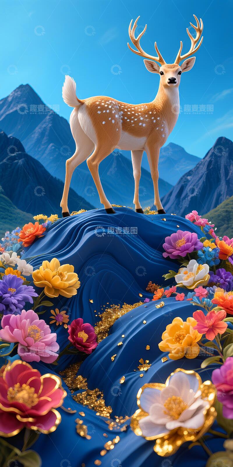 高清大图下载【趣麦麦图】发财鹿走廊挂画