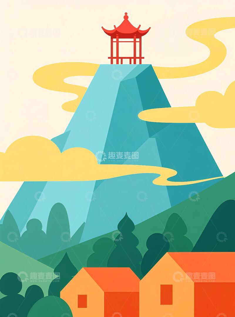 高清大图下载【趣麦麦图】客厅挂画三联画凉亭山脉