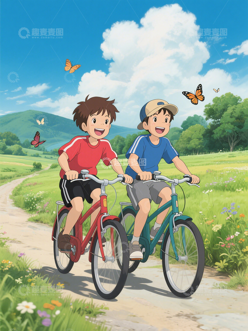 高清大图下载【趣麦麦图】儿童插画素材小孩子踩单车田园之旅