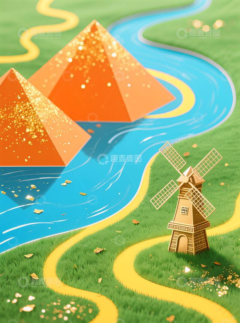 高清大图下载【趣麦麦图】客厅挂画三联画风车小车河流