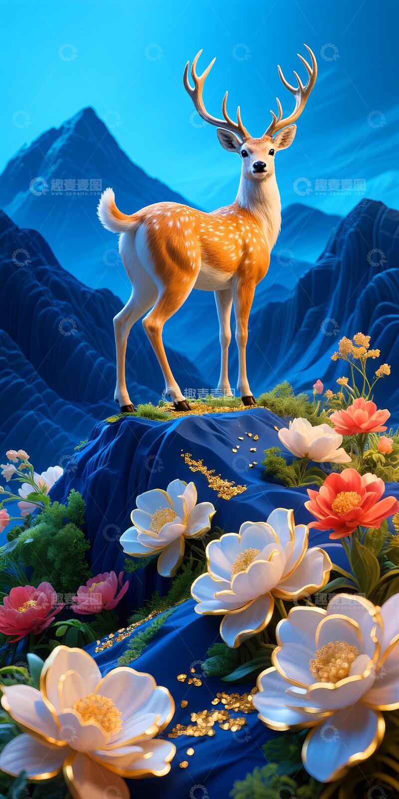 高清大图下载【趣麦麦图】发财鹿玄关挂画