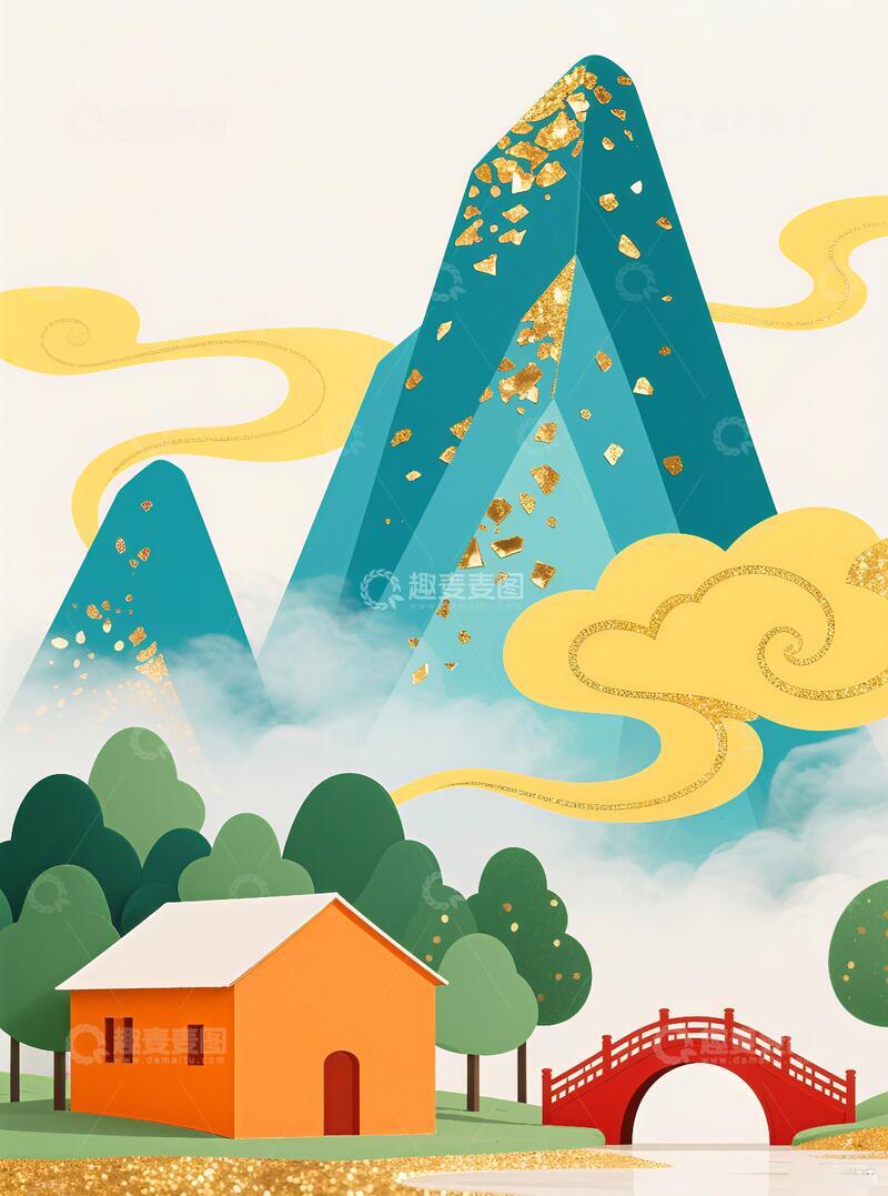 高清大图下载【趣麦麦图】客厅挂画三联画山脉祥云