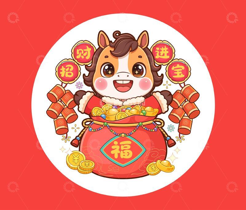 源文件下载【趣麦麦图】马年招财进宝潮流插画