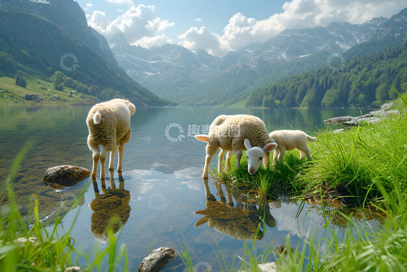 高清大图下载【趣麦麦图】湖边喝水的羊 (1)