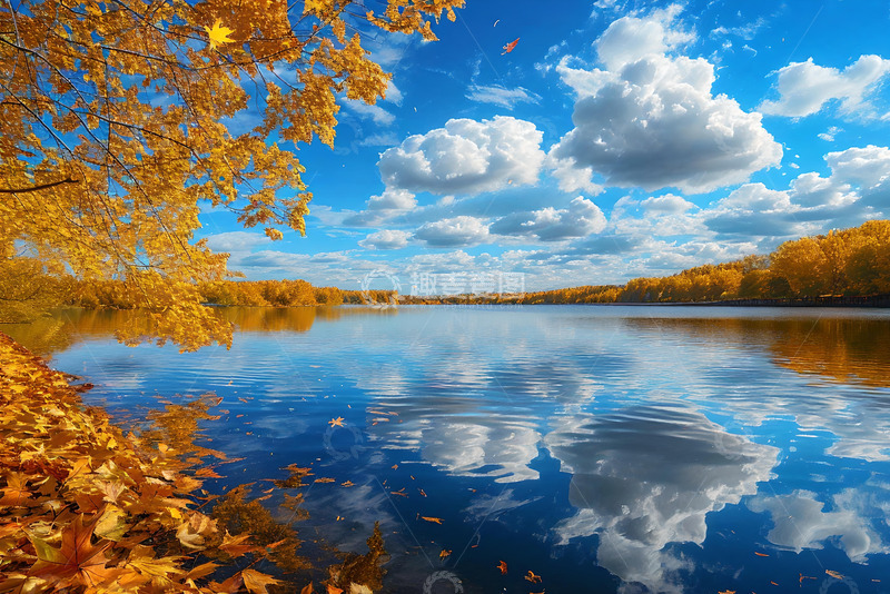 秋天澄澈的湖水和落叶 (2)