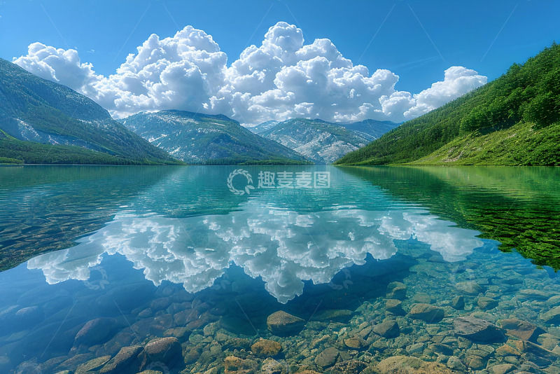 高清大图下载【趣麦麦图】静谧的湖面和白云 (1)