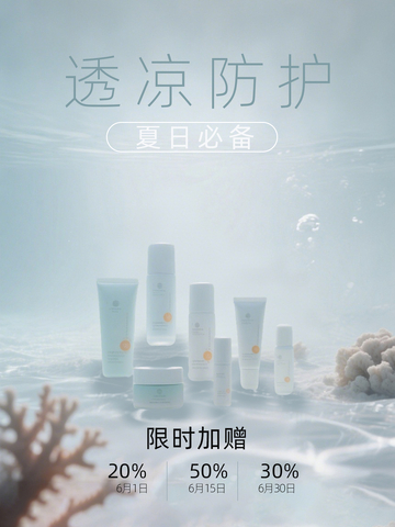 灰蓝海底世界唯美防晒霜电商促销海报