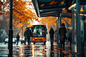 城市的公交站台，秋雨 (1)
