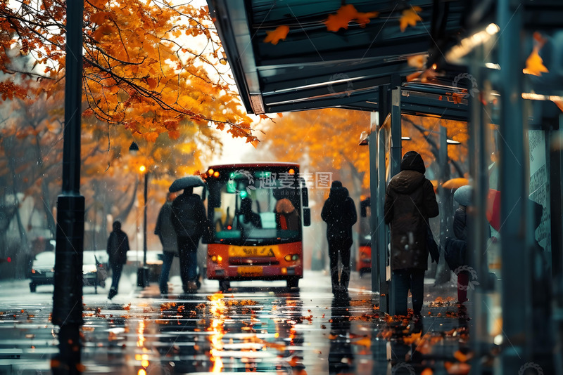 高清大图下载【趣麦麦图】城市的公交站台，秋雨 (1)