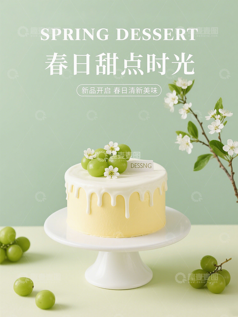 高清大图下载【趣麦麦图】美食清新绿色简约甜美春日上新甜品促销海报