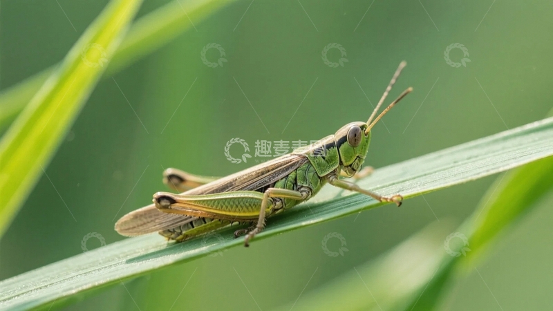 高清大图下载【趣麦麦图】趴在青草叶上的蚂蚱-2