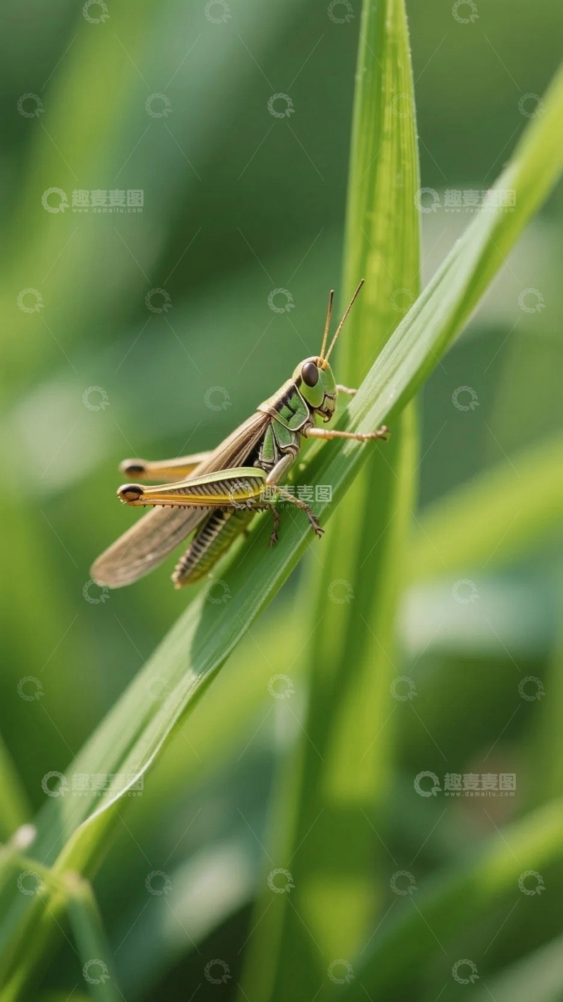 高清大图下载【趣麦麦图】趴在青草叶上的蚂蚱-8