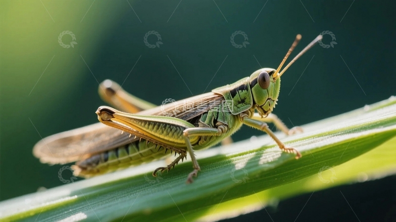 高清大图下载【趣麦麦图】趴在青草叶上的蚂蚱-3