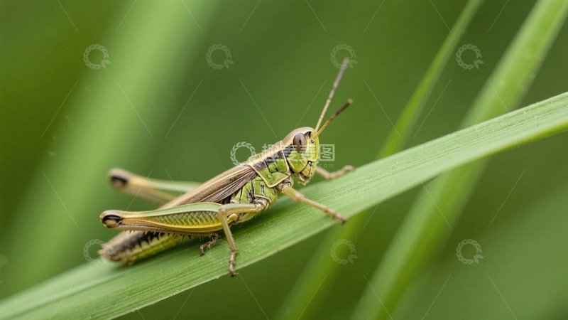 高清大图下载【趣麦麦图】趴在青草叶上的蚂蚱-1