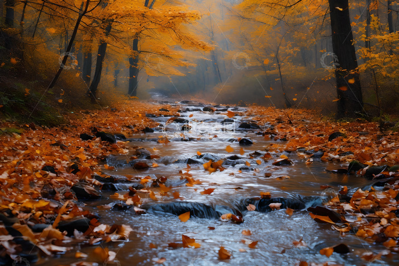 高清大图下载【趣麦麦图】落叶落在潺潺流淌的小溪中 (5)