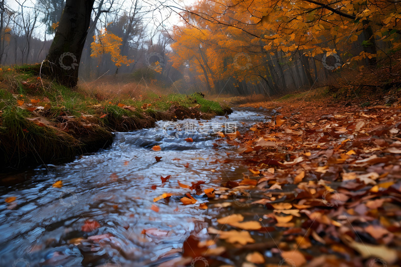 高清大图下载【趣麦麦图】落叶落在潺潺流淌的小溪中 (2)