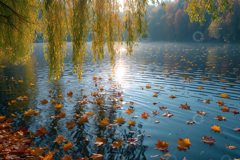 高清大图下载【趣麦麦图】湖边的垂柳落叶飘落于湖面 (8)