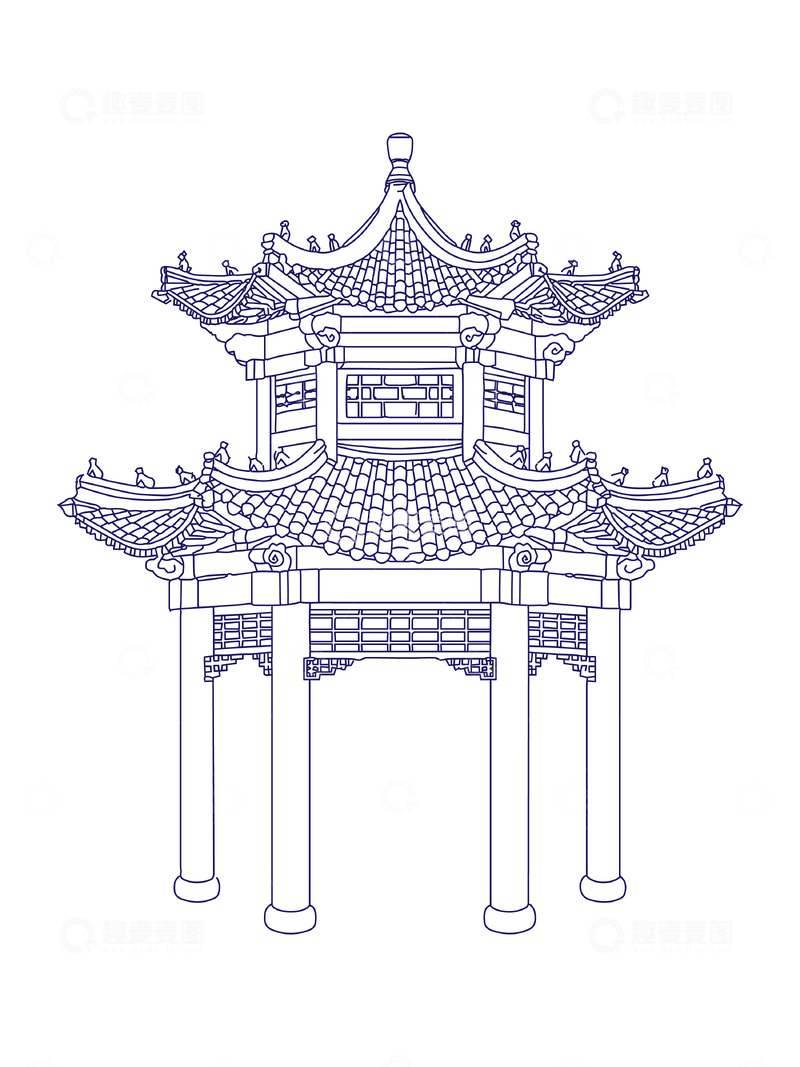 源文件下载【趣麦麦图】凉亭石亭亭子屋檐建筑线稿线描建筑物
