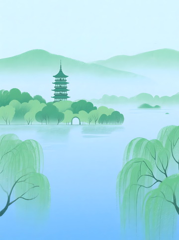 杭州风景西湖水彩画