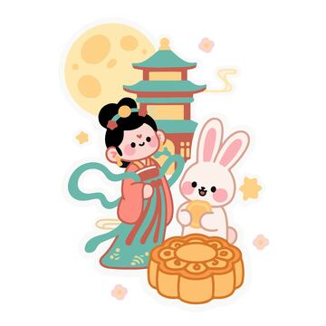 嫦娥和月兔月饼卡通手绘