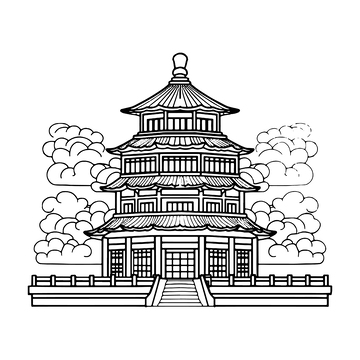 简约古楼地标线稿装饰