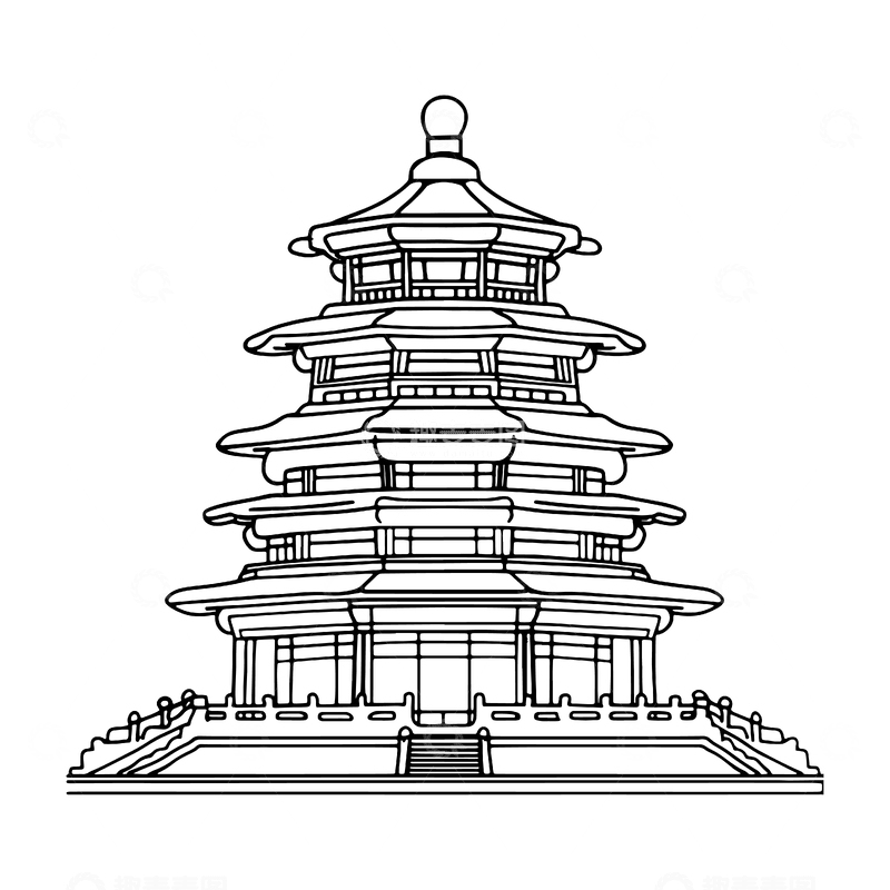 简约古代角楼建筑线稿
