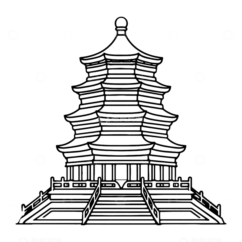 源文件下载【趣麦麦图】简约塔楼古代建筑线稿