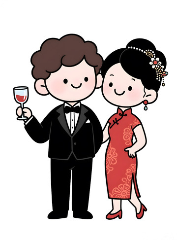 婚庆新人旗袍敬酒插画