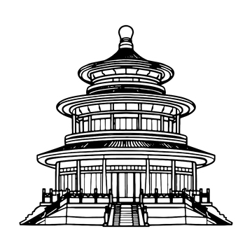 黑白色角楼建筑线稿