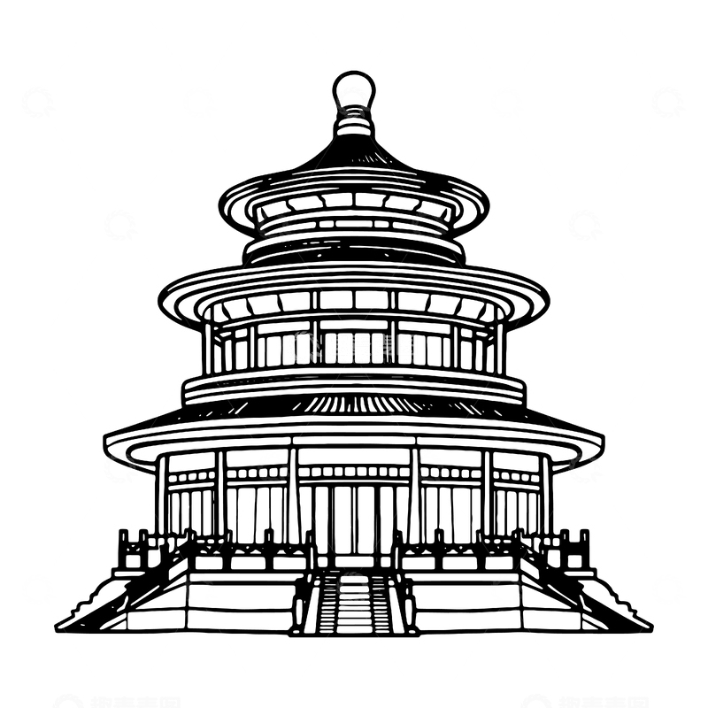 源文件下载【趣麦麦图】黑白色角楼建筑线稿