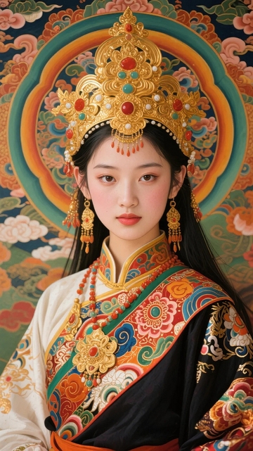 唐卡风美丽的藏族姑娘-3