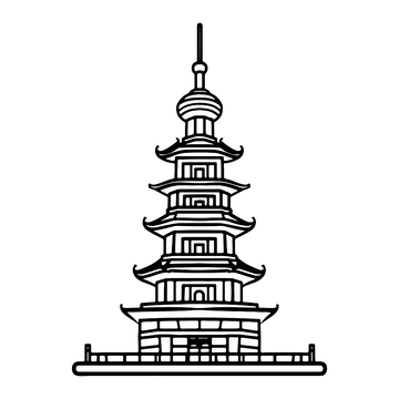 黑白色古刹建筑线稿