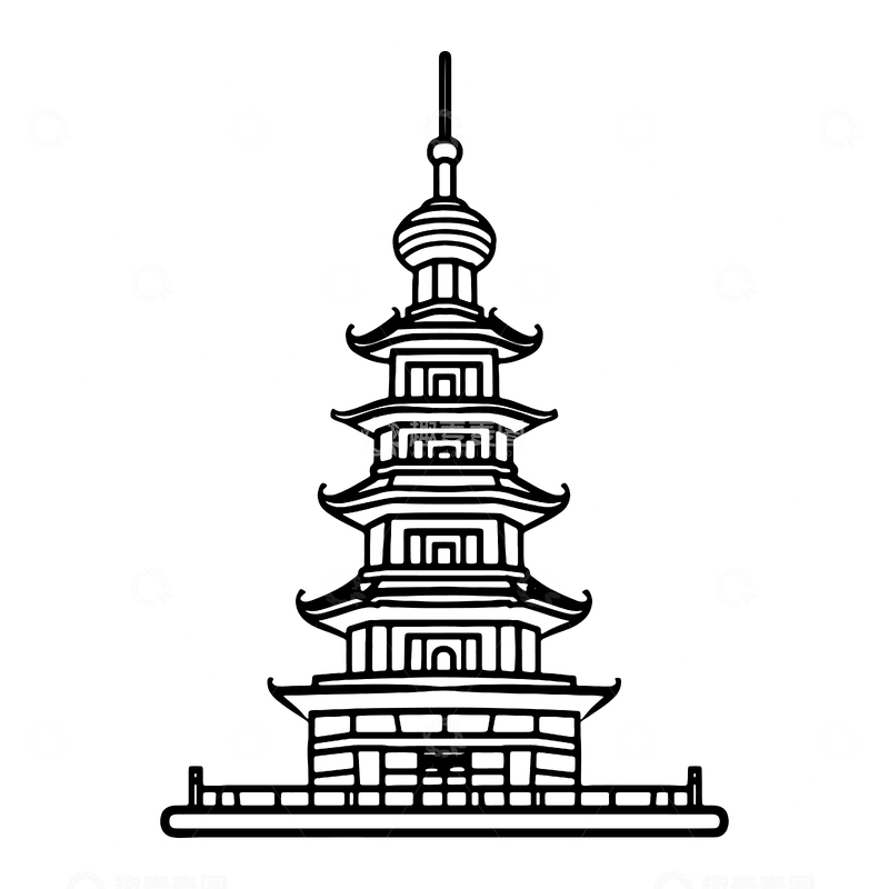 源文件下载【趣麦麦图】-黑白色古刹建筑线稿