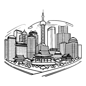 黑白色城市建筑线稿