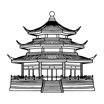 黑白色凉亭建筑线稿