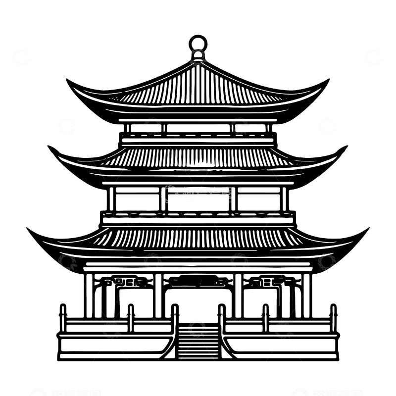 源文件下载【趣麦麦图】-黑白色塔楼角楼建筑线稿