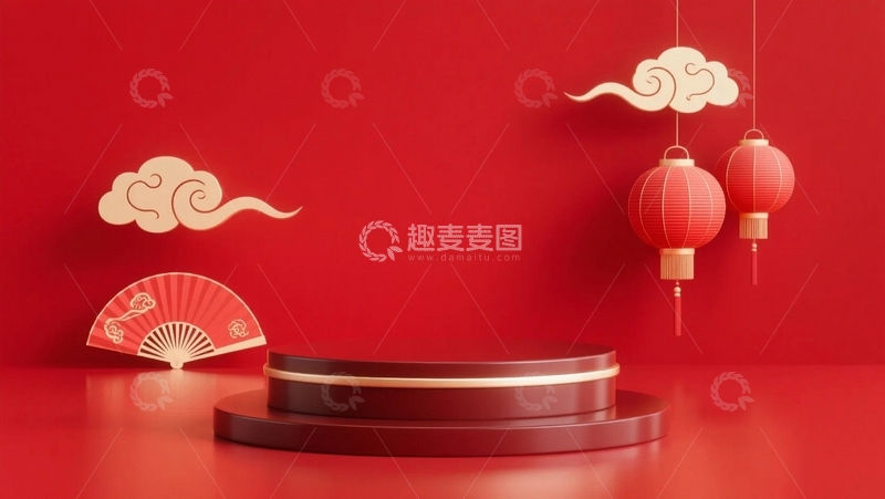 高清大图下载【趣麦麦图】红色电商展台背景6