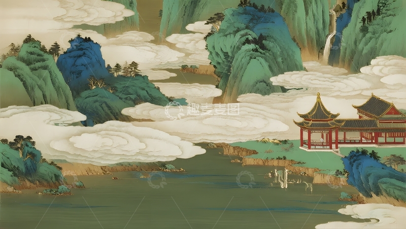 高清大图下载【趣麦麦图】-青绿山水间的古建盛景