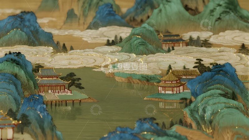 高清大图下载【趣麦麦图】-古建隐于青绿山水间