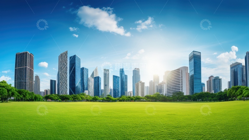 高清大图下载【趣麦麦图】大城市草坪高楼大厦自然风景