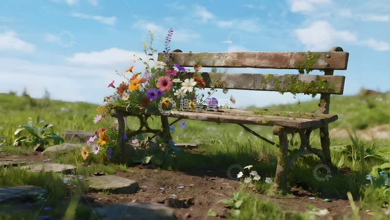 高清大图下载【趣麦麦图】花绽长椅，绿野诗意